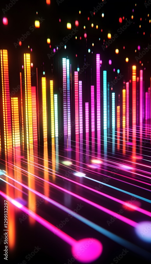 Poster glowing neon lights displaying vibrant equalizers with reflections on the surface