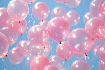 a bunch of pink balloons floating in the air