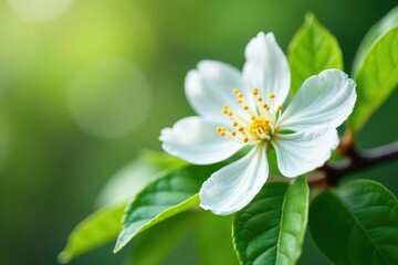 Obraz premium Detail of white corolla with yellow stamens on a tree branch, white, bloom, leaves
