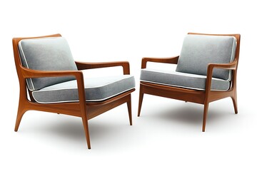 Fototapeta premium Two wooden lounge chairs are shown against a white background
