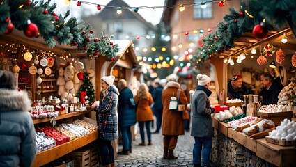 Festive Christmas Market Filled With Colorful Decorations And Joyful Shoppers