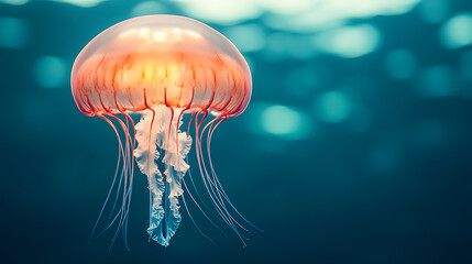 Illuminated Jellyfish: A graceful sea creature floats in the deep blue ocean, its translucent form glowing gently. Its tentacles drift serenely.