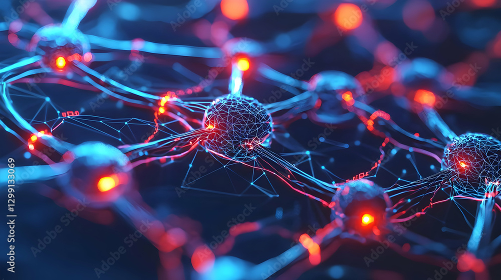 Poster abstract network of connected neurons with blue and red illumination showing digital communication