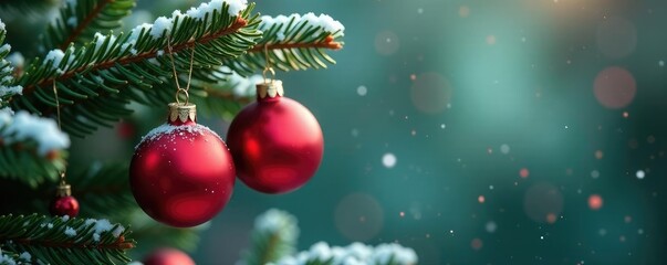Obraz premium Glass red ornaments hanging from a frosty fir branch, red and green colors, xmas decoration