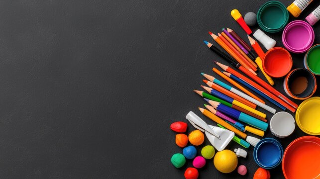 Colorful art supplies on black background