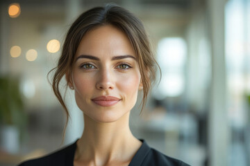 Naklejka premium Portrait of a young woman with brown hair and neutral makeup, looking directly at the camera.