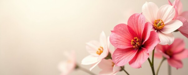 Soft focus abstract flowers in shades of red and white blend seamlessly into a creamy white background, delicate, soft focus, hazy
