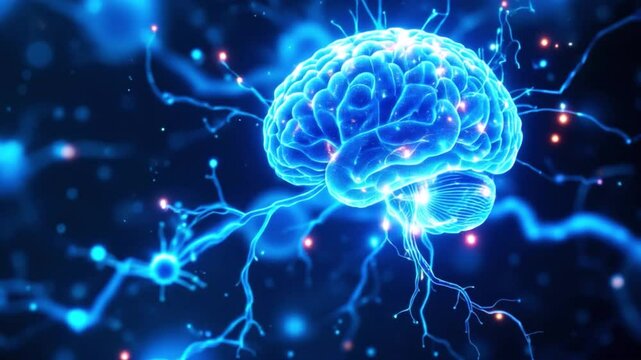 Artistic neuron brain cells on blue glowing cyberspace artificial intelligence network hologram details with binary code numbers background animation.