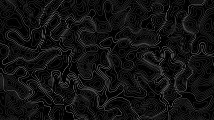 Abstract black and white topographic map background. Geographic pattern or landscape texture. Mountain terrain or path. Vector illustration.