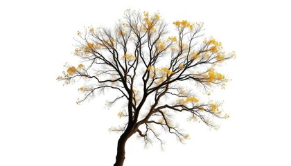 Obraz premium Lone deciduous tree, branches reaching skyward, stark white backdrop, design, tranquil