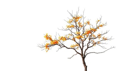 Single deciduous tree, stark branches against pure white, isolated, summer