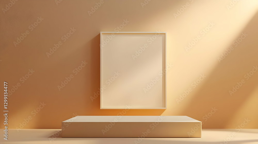 Aufkleber golden stage displaying rectangular blank frame against beige wall with shadow in studio