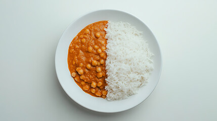 Chickpea curry and rice served on a white plate. Simple, vibrant dish. The curry is a rich orange color with tender chickpeas.