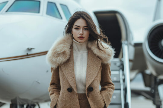 A stylish woman in a camel coat and fur collar stands before a private jet, exuding elegance and sophistication. - Powered by Adobe