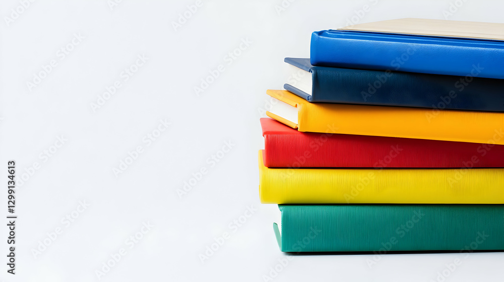 Poster stack of colorful books on white background top view with copy space