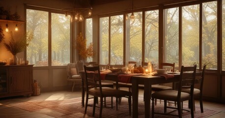 Warm and inviting atmosphere with soft lighting and autumnal colors around the dinner table, cozy atmosphere, warm ambiance, fall decor