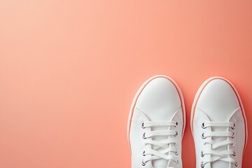 Fototapeta premium Top view of white sneakers with laces on a pastel peach background, flat lay, copy space concept for a sport or fashion style design template.