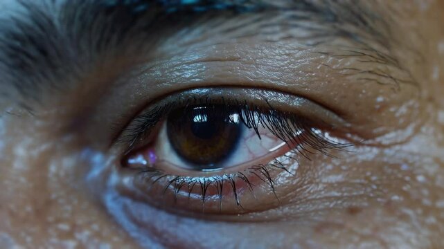 Macro shot of an African American man&rsquo;s eye looking a computer monitor with blue reflections on it.
