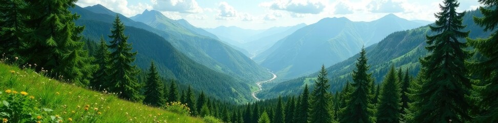 Fototapeta premium Lush green forest with tall trees in Ural mountains summer, nature, mountains, forests