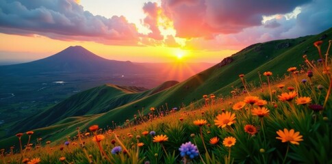 Lush green meadows and wildflowers on the hillside overlooking Etna volcano at sunset, sky, Etna, Sicily