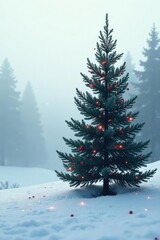 Obraz premium Single fir tree with red berries in a misty winter landscape, mist, nature, festive