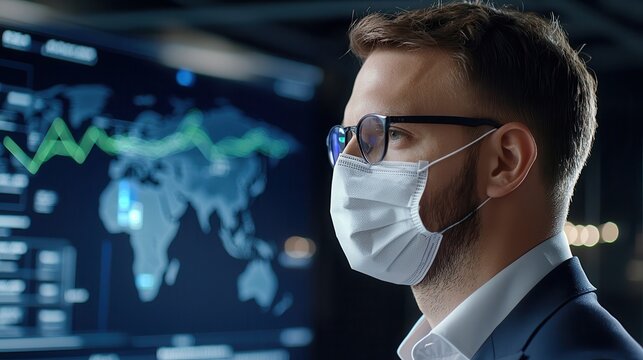 Finance and fintech regulation ensure stability and compliance in the digital economy. Professional man in mask analyzing data on a digital screen. - Powered by Adobe