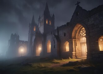 Obraz premium Weathered stone walls of old cathedral glowing softly as night falls in a thick foggy mist, glowing stone, ancient cathedral, old buildings