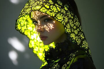 Woman Wearing Intricate Lace Hood Illuminated By Light