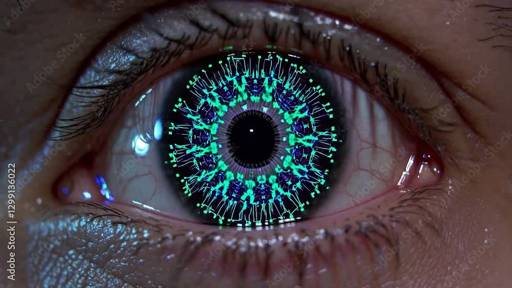 Poster close-up view of a futuristic human eye featuring a glowing digital circuit pattern, highlighting ad