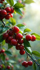 Obraz premium Wet red cherry branches with lush green leaves, springtime, plant life