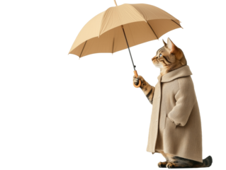 A Fashionable Feline: A Stylish Cat Elegantly Holds an Umbrella, Showcasing Charm and Playfulness in Its Adorable Outfit