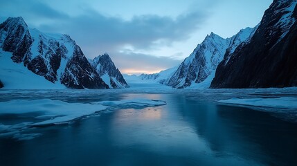 Obraz premium Arctic sunset, glacial fjord, snow-capped mountains, serene landscape, travel photography