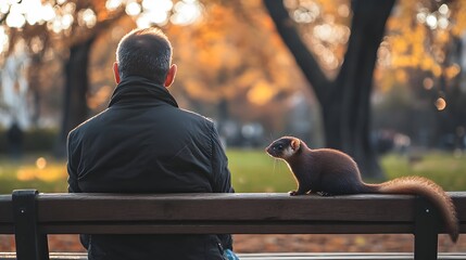 A man sits on a bench, contemplating life, while a curious squirrel observes him in an autumn park setting.