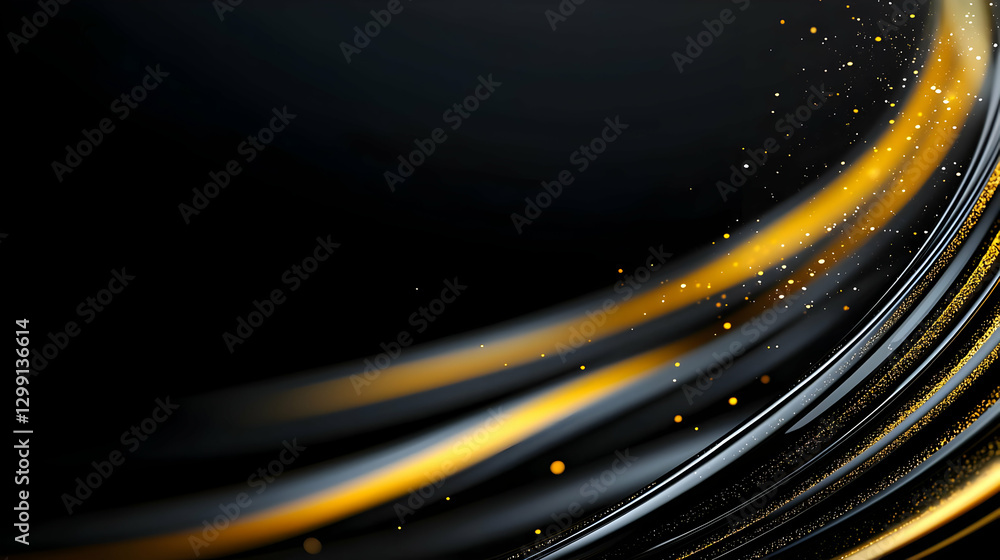 Poster abstract digital background with golden curves and particles on black backdrop