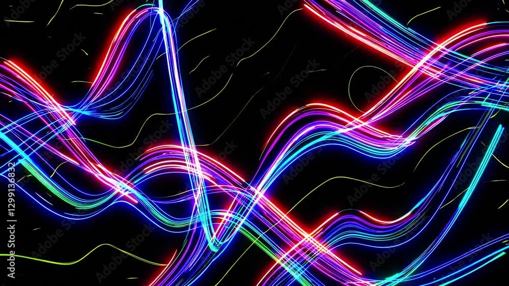 Poster colorful light trails create dynamic waves and streaks against a dark backdrop, forming a vibrant, e