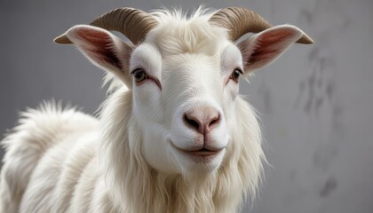 Fototapeta premium White goat with fluffy fur looking directly at the camera in high resolution, farm, close-up, rural, mammal