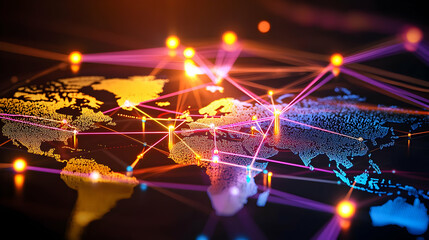 Global Network Connections Across World Map Representing Digital Communication with Bright Orange and Blue Lights