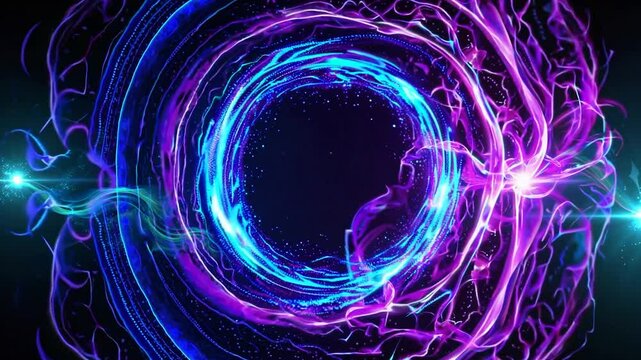 Brightly swirling and glowing energy vortex in captivating blue and purple hues forms a mesmerizing circular portal, featuring radiant spots of light against a deep, dark background