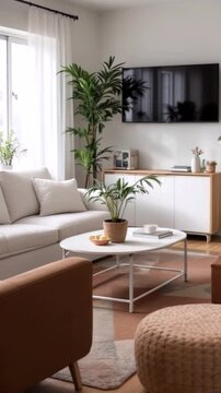 A living room with a white couch and a brown couch. There is a coffee table in the middle of the room. A potted plant is on the table. A television is on the wall.