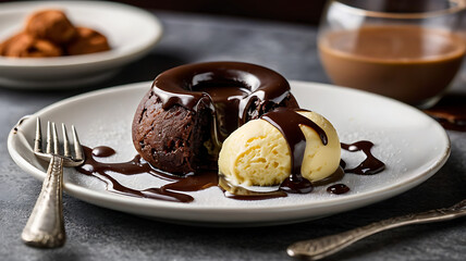 A chocolate cake with ice cream and raspberries on it