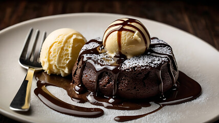 A chocolate cake with ice cream and raspberries on it