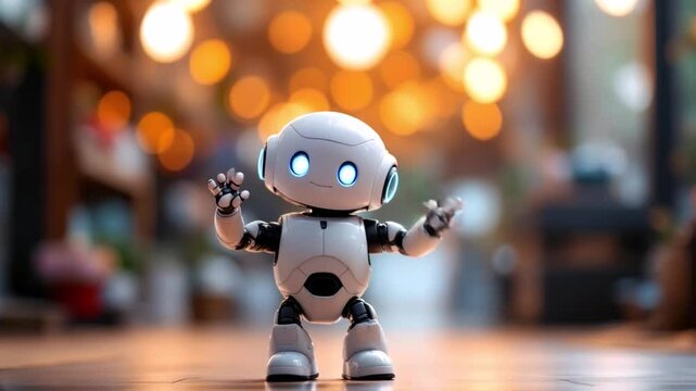 A cute robot is dancing joyfully in front of the camera, waving its hand and saying hello.