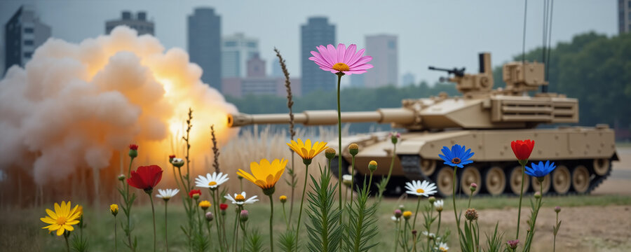 Harsh reality of our world. War, flowers, tank