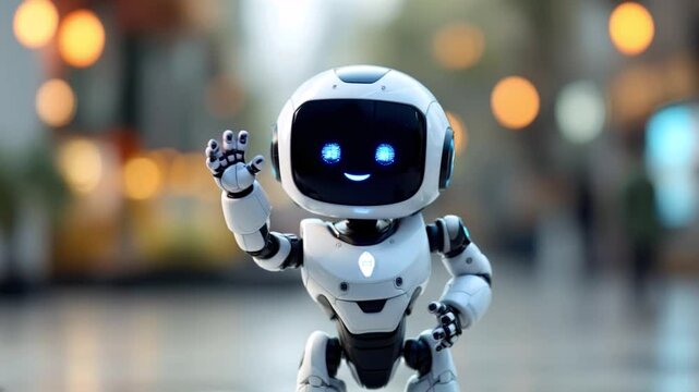 A cute robot is dancing joyfully in front of the camera, waving its hand and saying hello.