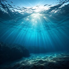 Fototapeta premium Underwater Sunbeams Ocean Depth Composition, Blue Hues, Light Rays, Underwater Scene, Ocean Floor. Ocean, Underwater
