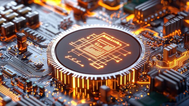 Finance and fintech regulation ensure stability and compliance in the digital economy. Close-up of a glowing microprocessor on a detailed circuit board.