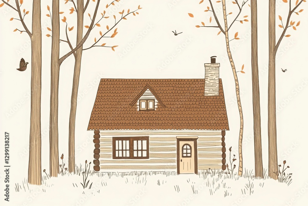 Poster rustic brown log cabin in autumnal forest illustration and drawing art design drawing sketch of coun