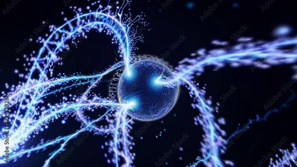 Poster abstract sphere exploding with bright blue energy trails and particles on a black background, creati