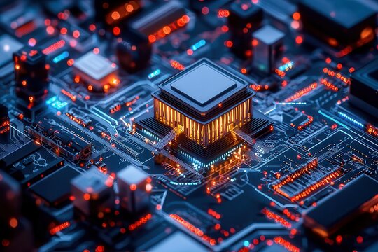 Finance and fintech regulation ensure stability and compliance in the digital economy. High-tech microchip on a glowing circuit board close-up.