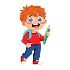 Happy school boy with pencil and backpack on white background